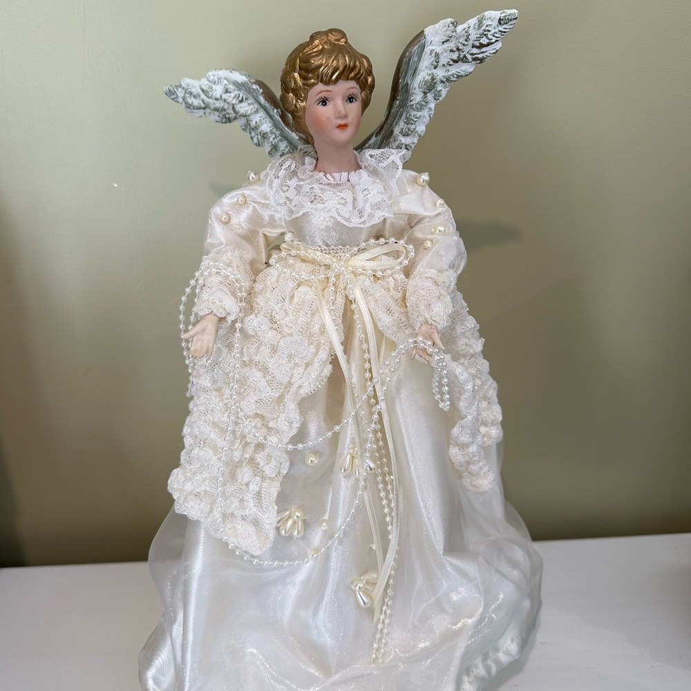 Elegant Cream  Angel Christmas Tree Topper with Lace and Pearls